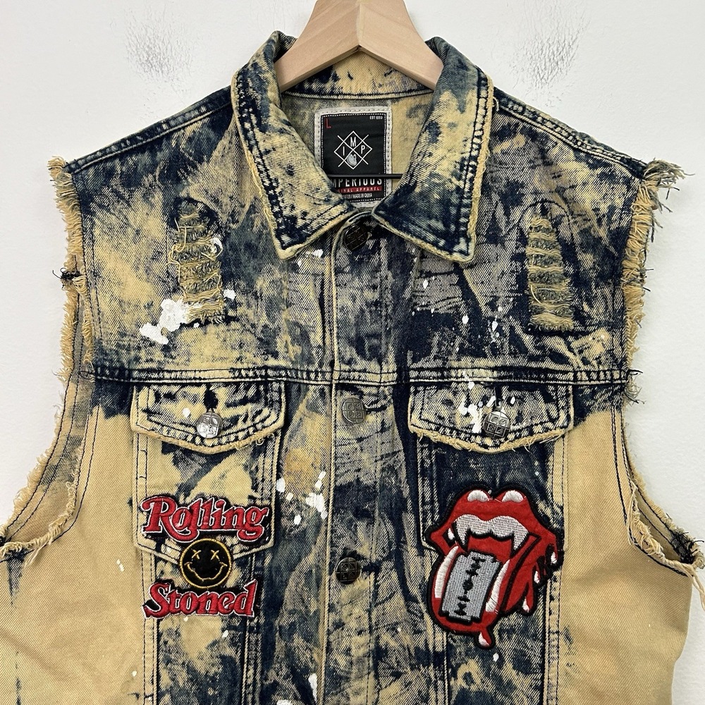 Imperious Mens Denim Vest Jean Large Distressed Acid Wash Rocker Streetwear - Picture 2 of 9